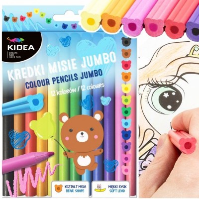 KIDEA Jumbo цветни моливи 12 цв. Мечета, 104437, универсални, многоцветни 104437