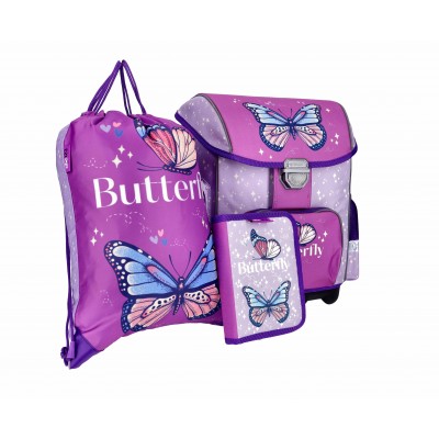 ABC123 Ученическа ергономична раница BUTTERFLY, Пеперуда Комплект 3 в 1, 831075, за момиче 831075 ABC123 Ученическа ергономична раница BUTTERFLY, Пеперуда Комплект 3 в 1, 831075, за момиче 831075