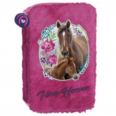 Ученически плюшен несесер Horse, Кон с 2 ципа, празен, 68975, розов, за момиче плюшен несесер