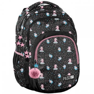 Paso Ученическа ергономична раница UNICORN BLACK, 3 отделения PP22UN-2706 за момиче PP22UN-2706