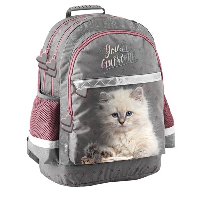 PASO Ученическа ергономична раница CAT, коте, PP24AW-116, момиче, сиво и розово PP24AW-116 PASO Ученическа ергономична раница CAT, коте, PP24AW-116, момиче, сиво и розово PP24AW-116