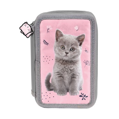 Paso Ученически несесер с 3 ципа CAT, пълен, PP24CT-023, момиче, сиво и розово PP24CT-023