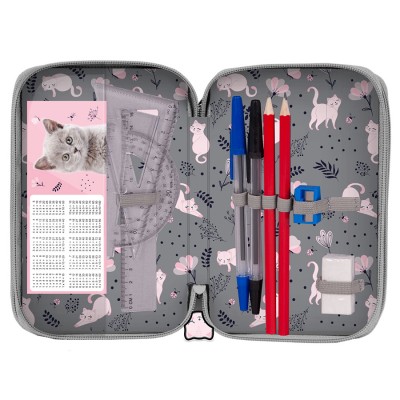 Paso Ученически несесер с 3 ципа CAT, пълен, PP24CT-023, момиче, сиво и розово PP24CT-023